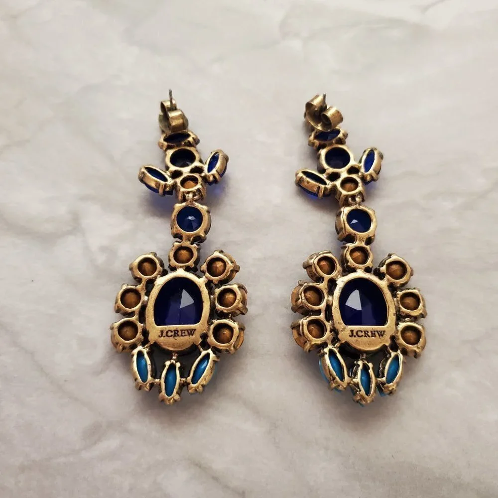 💖 J.Crew Blue Grey Rhinestones Crystals Cluster Statement Drop Dangle Earrings